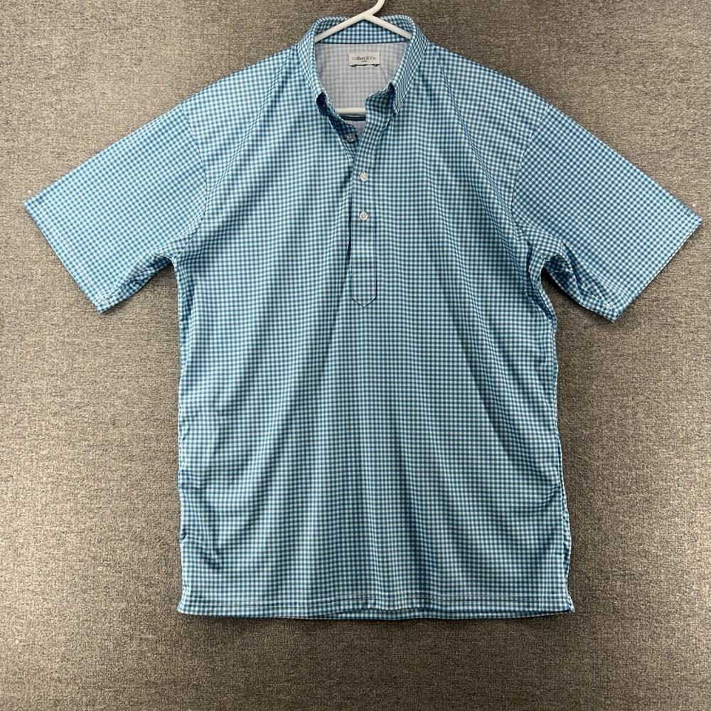Collars & Co Golf Polo Shirt Men Size Large Light Blue Check Short Sleeve